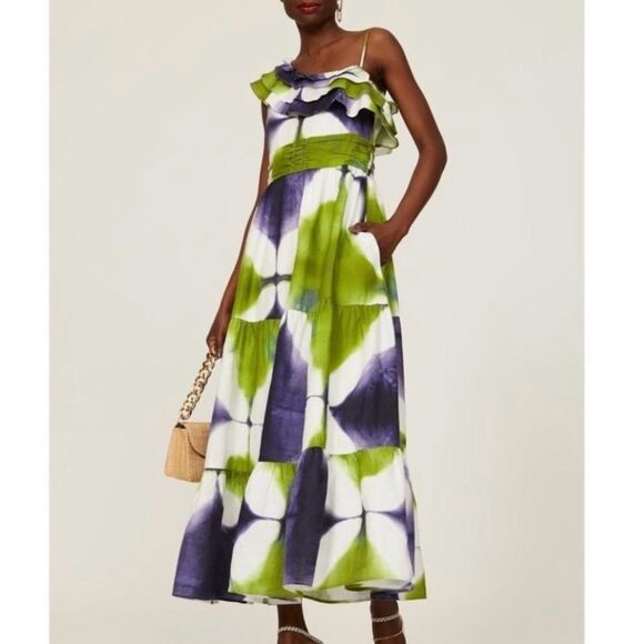 Busayo One Shoulder Ruffle Tie Dye Maxi Purple White and Green Dress - 0 - Picture 3 of 12